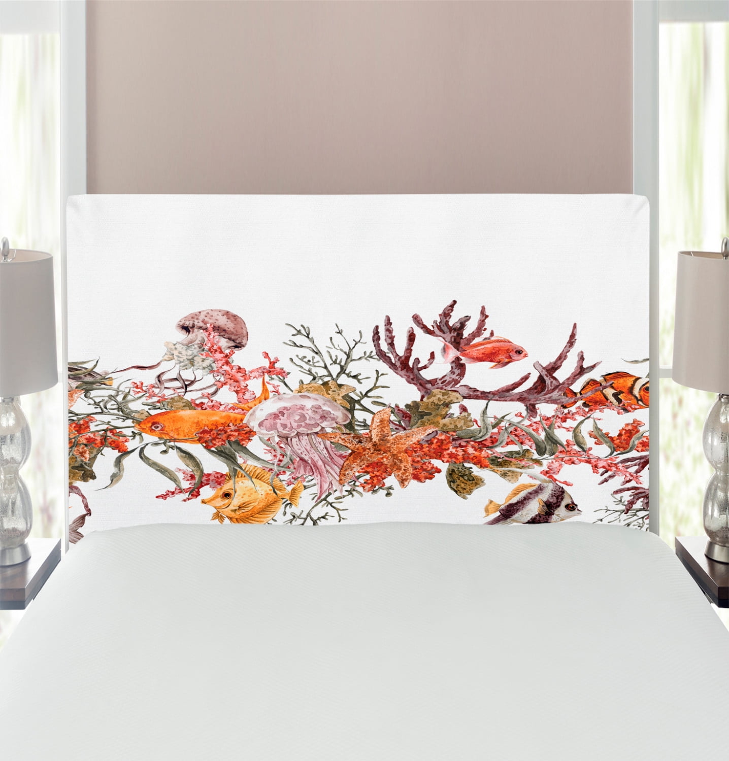 Sea Animals Headboard, Fish Seaweed Starfish Coral Algae Jellyfish Sea