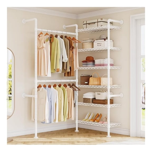 L2 Wall Mounted Closet System, Industrial Pipe Clothing Rack Clothes Racks with 2 Telescopic Rod & 6 Shelves, Heavy Duty Closet Organizers System in Wardrobe Closet, White