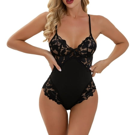 

DNDKILG Womens See Through Lingerie Hollow Out Bodysuit Lace Babydoll One Piece Teddy M