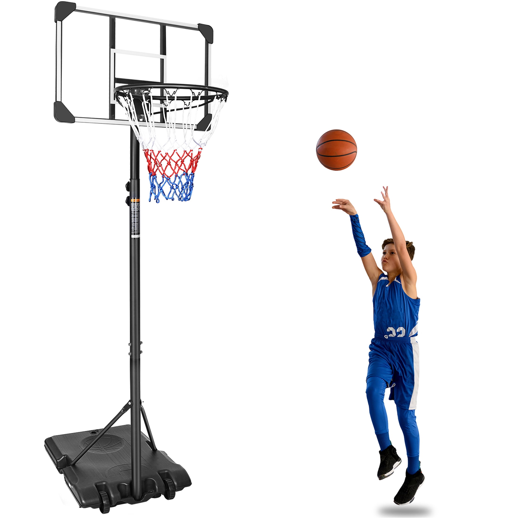 JERFIT Portable Basketball Hoop with Base & Wheels, 5.6ft-7ft Height Adjustable Hoop for Youth Kids, 28" Shatterproof Backboard for Indoor Outdoor Use