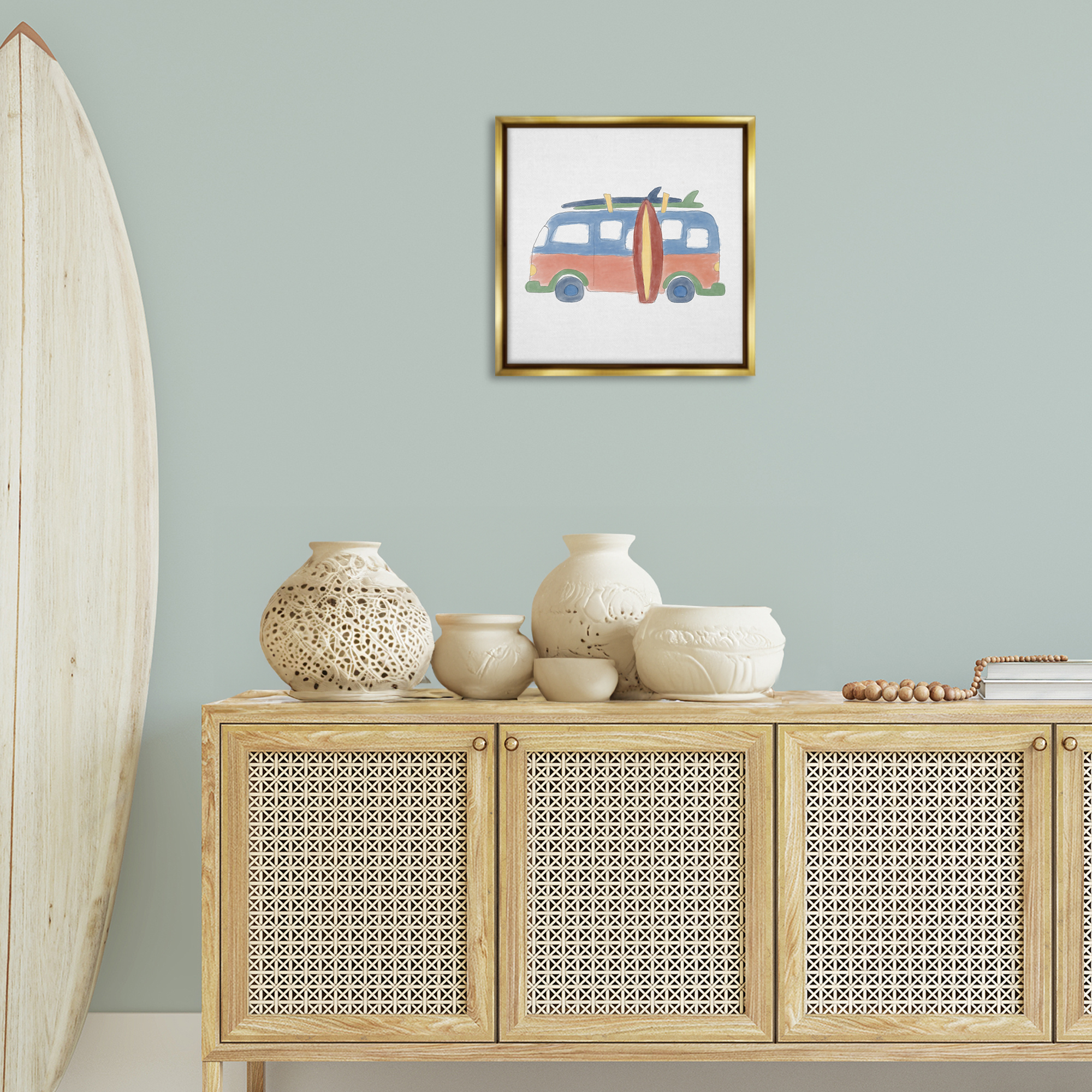 Stupell Industries Summer Beach Bus Transportation Painting Gold Floater Framed Canvas Art Print Wall Art, 18 x 18