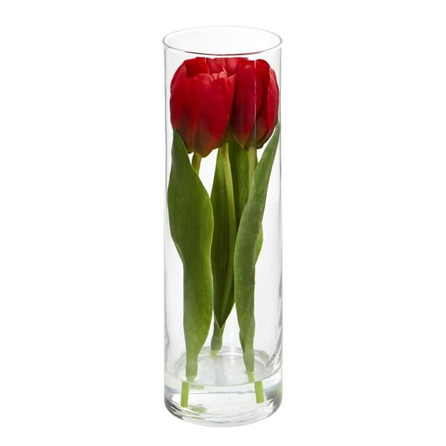Nearly Natural 1596-RD Tulips Artificial Arrangement in Glass Vase - Red