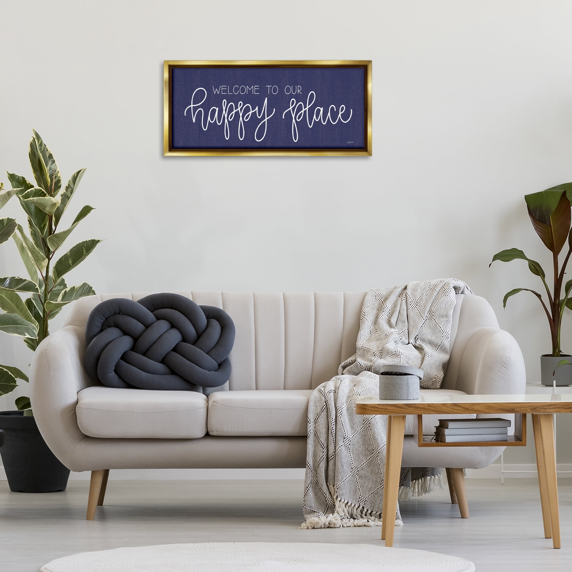 Stupell Industries Welcome Happy Place Typography Painting Gold Floater Framed Art Print Wall Art, 31 x 14