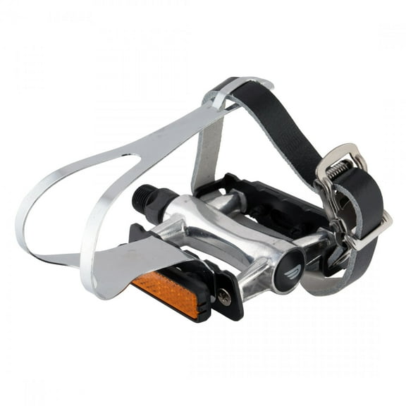 Pure Cycles Premium Cage Pedals with Leather Straps 9/16" Aluminum Body Silver