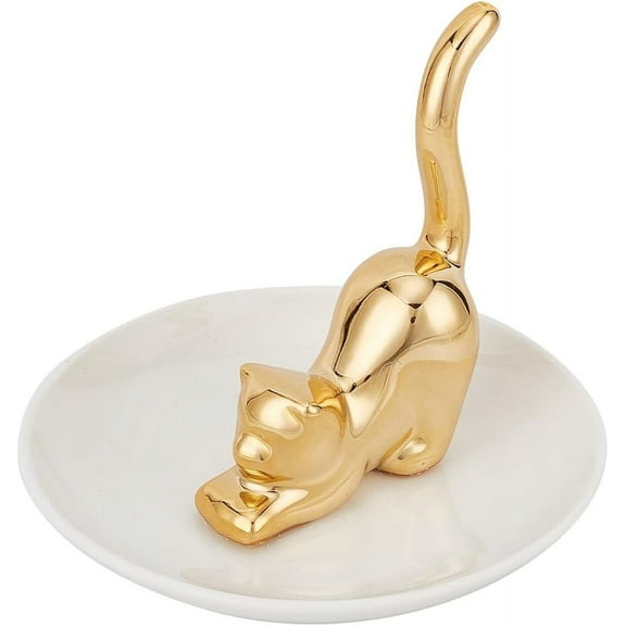 1 pc Cat Posture Ring Holder Golden Kitty Tail Dish Jewelry Tray Ring Round Dishes Trinket Tray Ceramic Jewelry Storage Home Deco for Women Friend Birthday Gift Tabletop Ornament