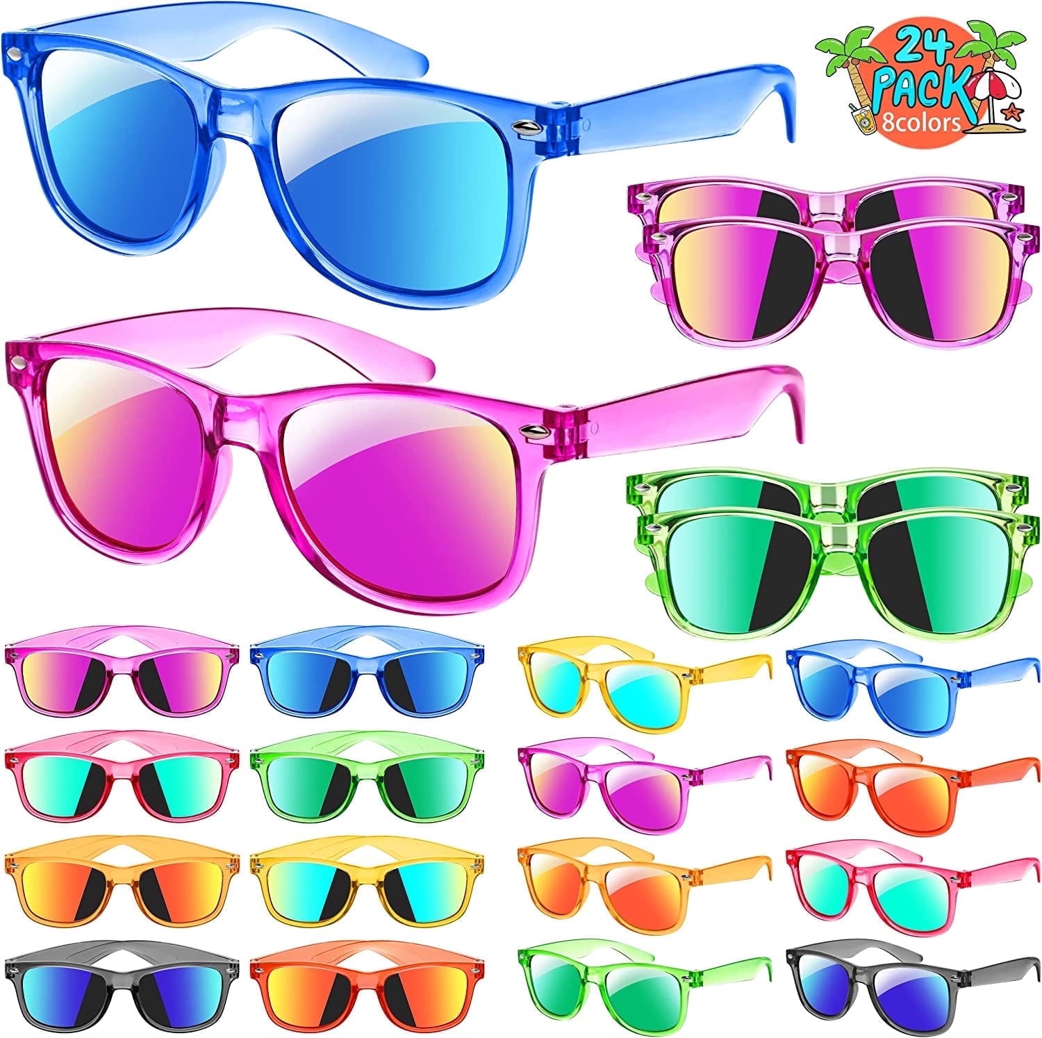 Prociv 24 Pack Kids Sunglasses Bulk, Kids Sunglasses Party Favor, Neon Translucent Sunglasses with UV400 Protection, Boys Girls Age 3-8, Beach Pool Birthday Party Supplies