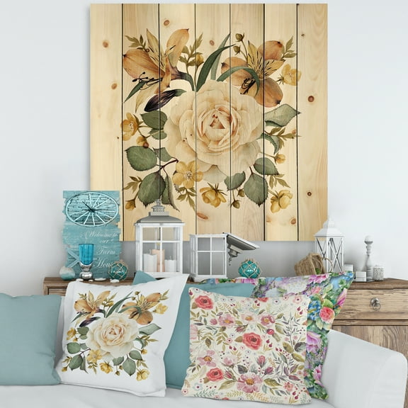 Designart 'Ancient White Rose' Traditional Print on Natural Pine Wood