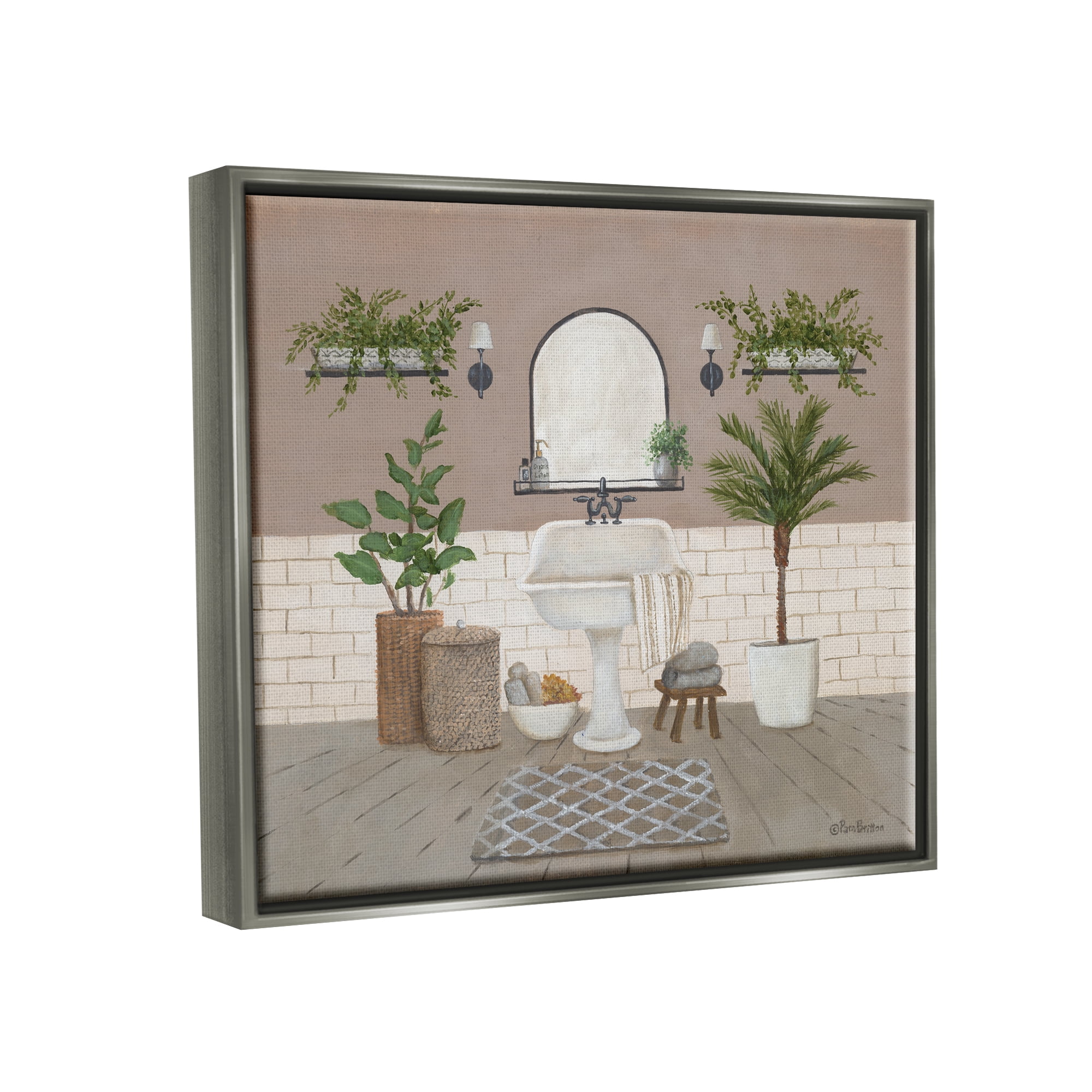 Stupell Cozy Bathroom Greenery Plants Botanical & Floral Painting Gray Floater Framed Art Print Wall Art
