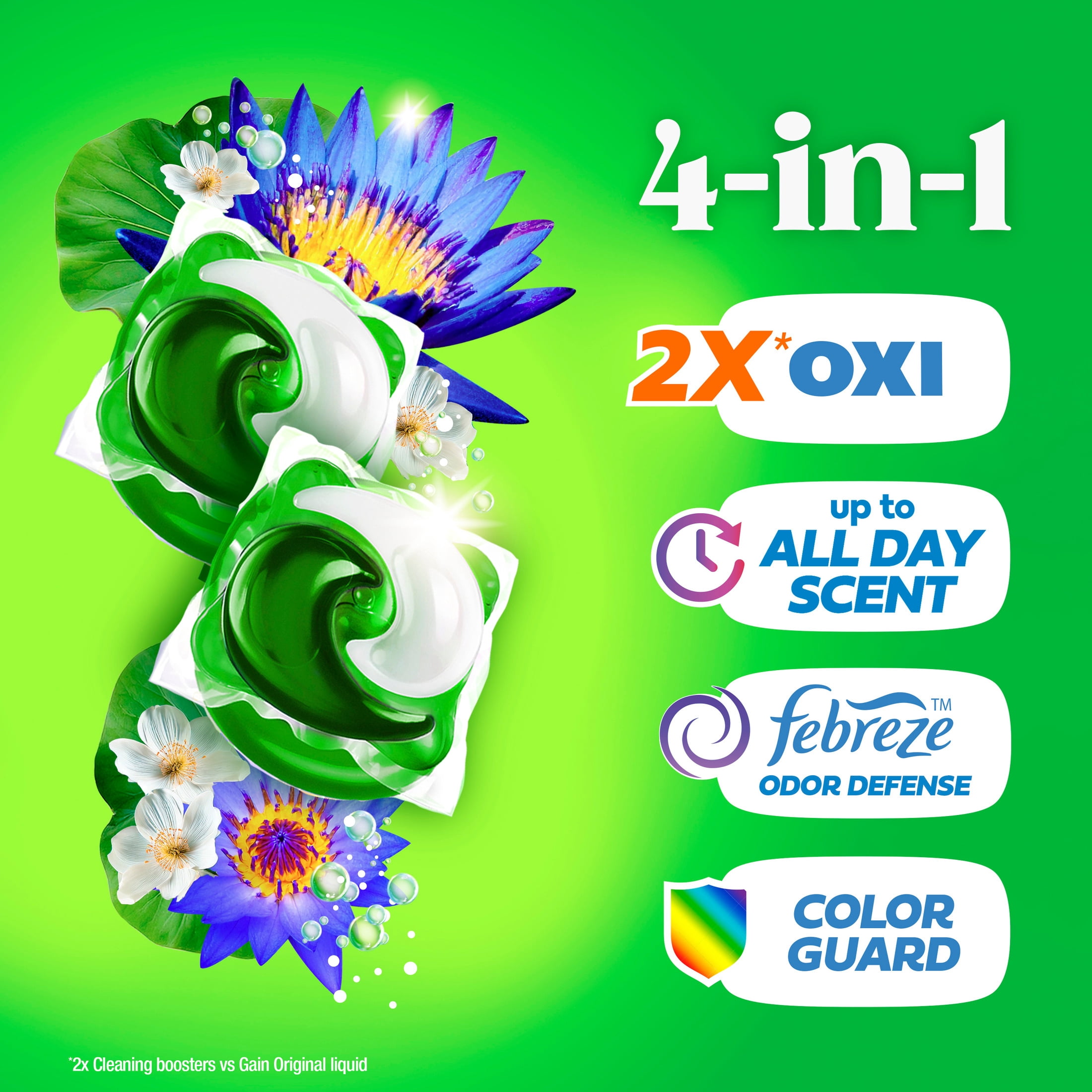Gain Flings Liquid Washing Detergent Pacs, Now with Odor Defense + Color Guard, Waterfall Delight Scent, 15 Count