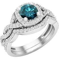 Divine Creation 14K White Gold Plated 925 Sterling Silver 2.50 Ct Round Cut Blue Diamond Engagement Wedding Christmas Thanksgiving Bridal Ring Set For Women's -5.5