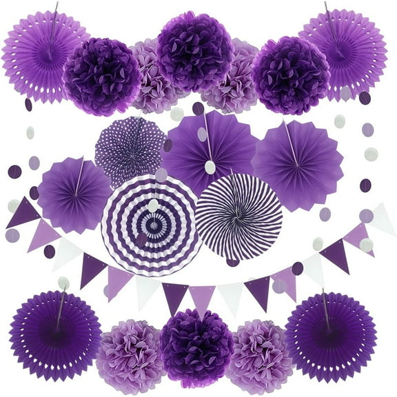 Fangsheng 21 Pcs Party Decoration, Purple and Lavender Hanging Paper Fans, Pom Poms Flowers for Birthday Parties, Bridal & Baby Showers, Wedding, Mermaid Party