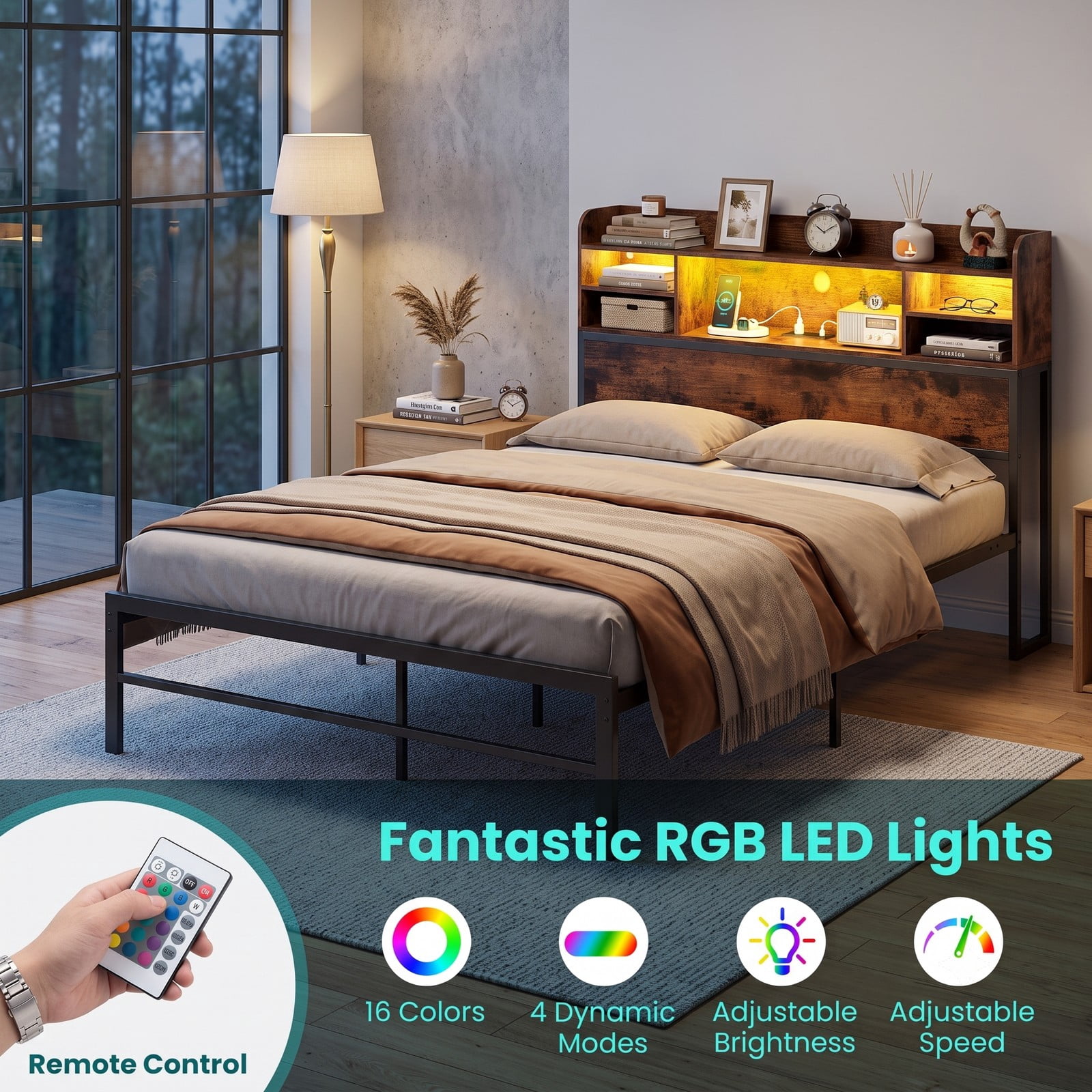 Furnibear Full Size Bed Frame with Storage, Metal Platform Bed with Storage Headboard, LED Lights and USB Charging, Rustic Brown
