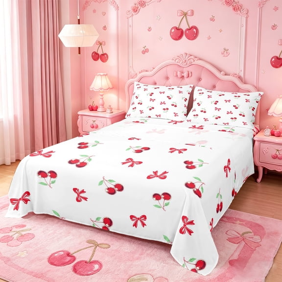Manfei Sweet Cherry Bow Full Size Sheets For Kids,Kawaii Cherry Bed Sheets For Bowknot Lover,4-Piece