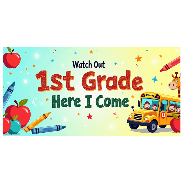 Colorful School Themed Banner with Crayons Apples and School Bus 1st Grade Here I Come Party Decoration Backdrop Photography Prop Classroom Decor Event Decor