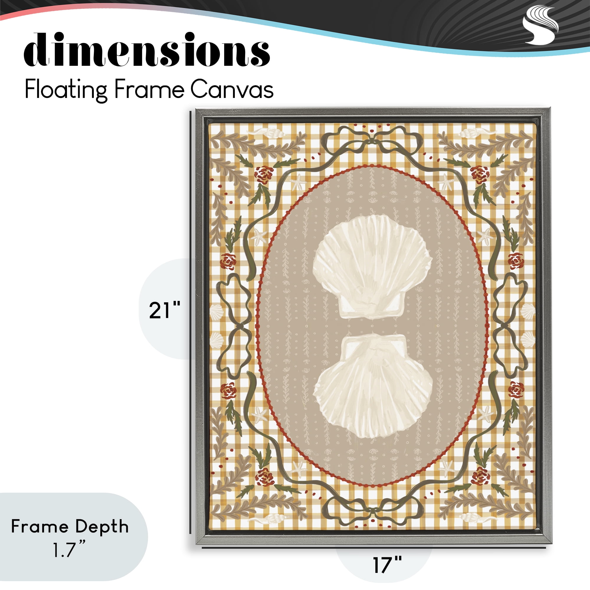 Stupell Industries Vintage Shells on Gingham Gray Framed Floater Canvas Wall Art, design by Vero Illustrates