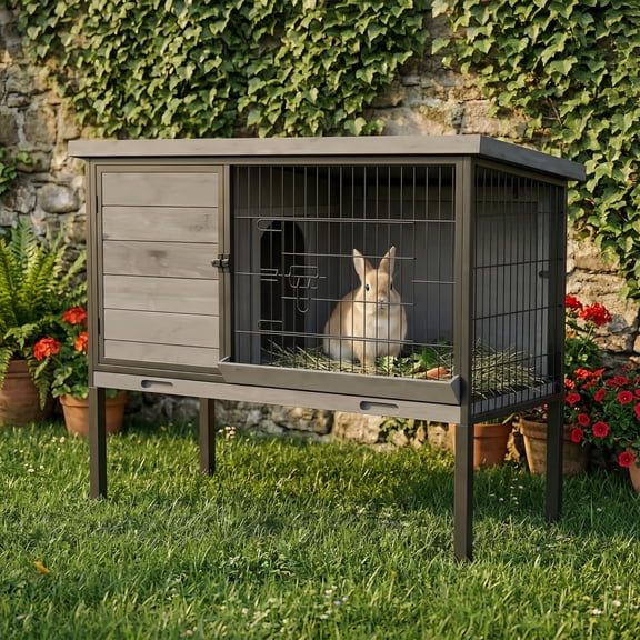 Elevated Rabbit Hutch Outdoor, Wooden Rabbit Cage Bunny House with Pull-out Tray and Openable Plastic Roof