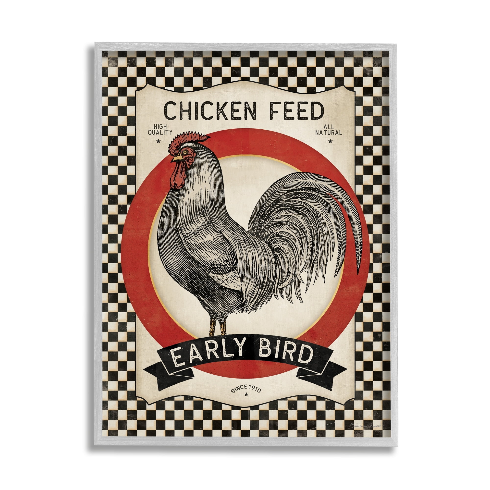 Stupell Industries Vintage Farmhouse Chicken Feed Advertisement Rooster Checkered Pattern, 24 x 30, Design by Stephanie Workman Marrott