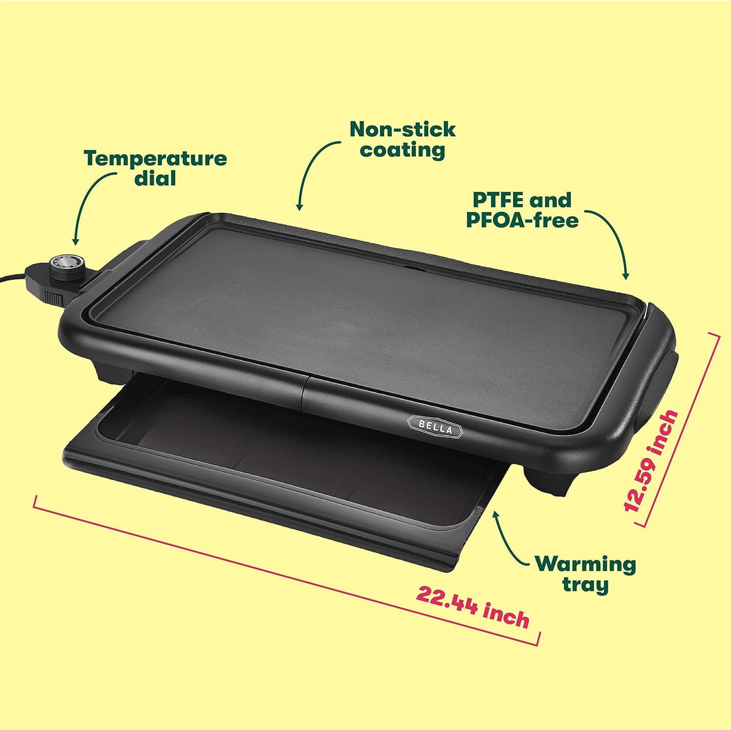 bella Electric Griddle with Warming Tray - Smokeless Indoor Grill, Nonstick Surface, Adjustable Temperature & Cool-touch Handles, 10" x 18", Copper/Black