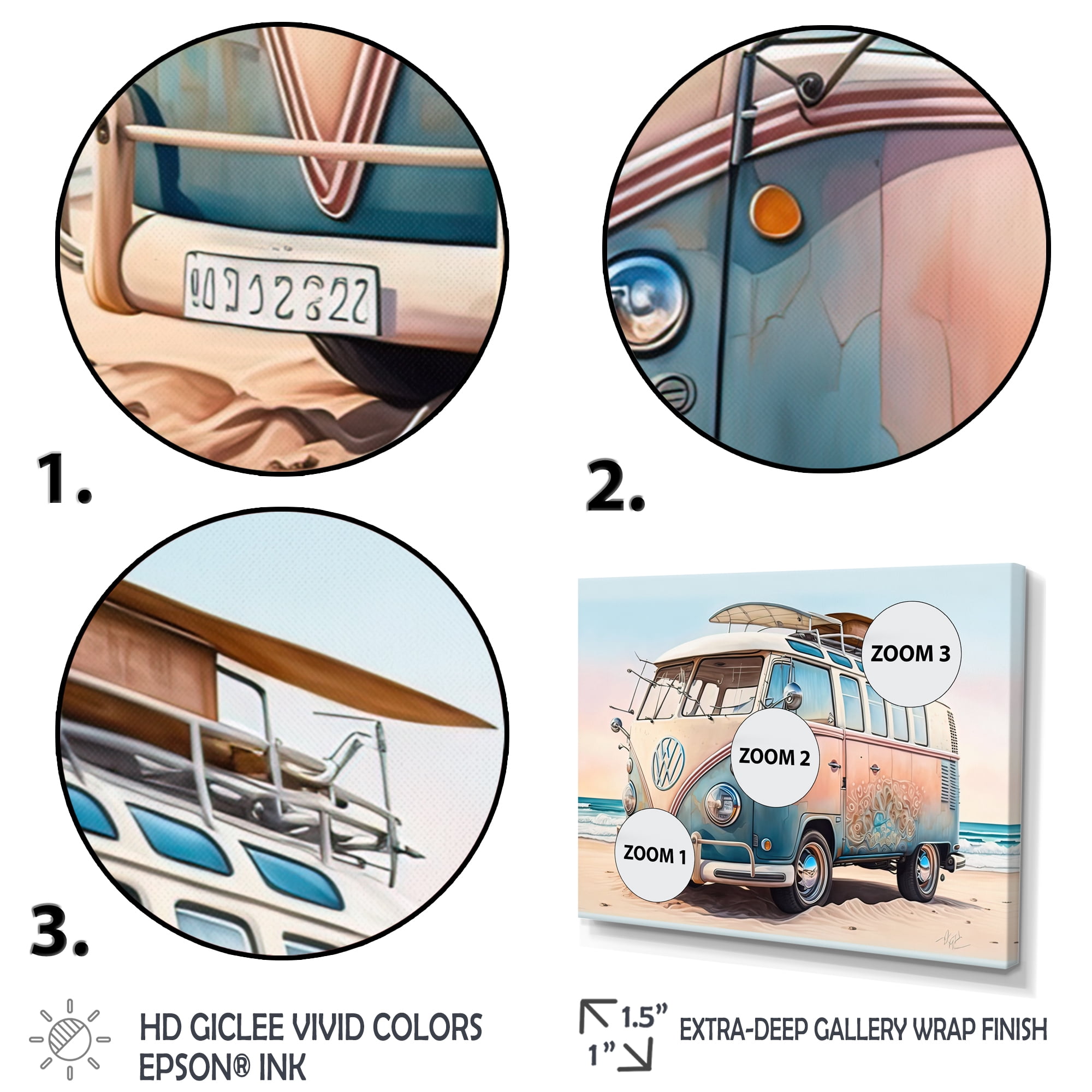 Designart 70S Surfing Van At The Beach II Canvas Wall Art