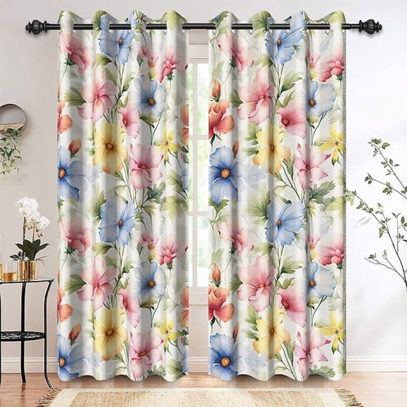 Spring Floral Pattern Window Curtain Watercolor Botanical Printed Grommet Room Darkening Curtains For Living Room Bedroom Thermal Insulated Blackout Window Drapes Set 53"W x 63"L (Pack of 2)