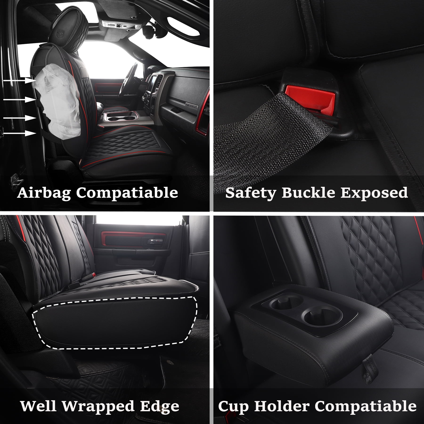 JOJOBAY Car Seat Covers for Dodge Ram,Fit 2009-2026 1500/2500/3500 HD Pick-up Truck,Crew,Regular,Quad,Mega Cab,Waterproof Synthetic Leather Seat Covers(5PCS-Full Set,Black-Red)