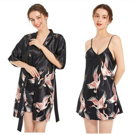 

Women Satin Robe Set Cranes Print Nightgown with Robes Silk Pajama Set 2 Pieces Lingerie Sexy V Neck Cami Sleepwear