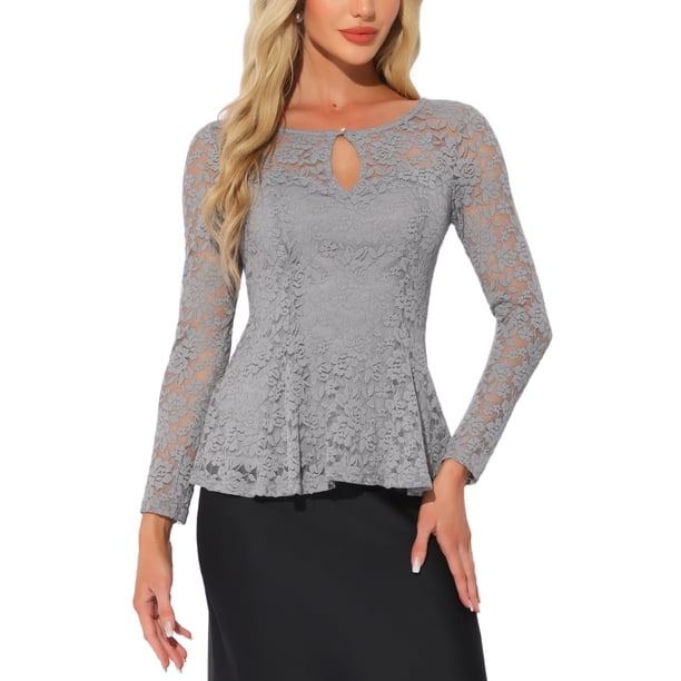 INSPIRAR CHIC Blusa de Mujer con Encaje en el Frente, Peplum, Manga Larga Transparente, Color Gris
