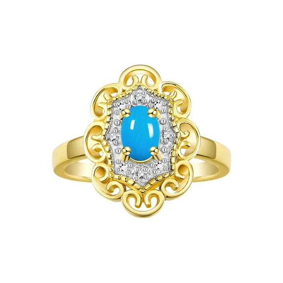 Rylos 14K Yellow Gold Floral Designer Ring with 6x4 MM Oval Turquoise & Sparkling Diamonds - Birthstone Jewelry for Women -Size 5