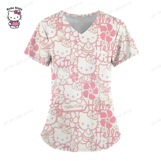 Uniformes médicos de estilo playero para mujer, Tops de enfermera con estampado de dibujos animados de Hello Kitty, ropa de manga corta para novio y mascota