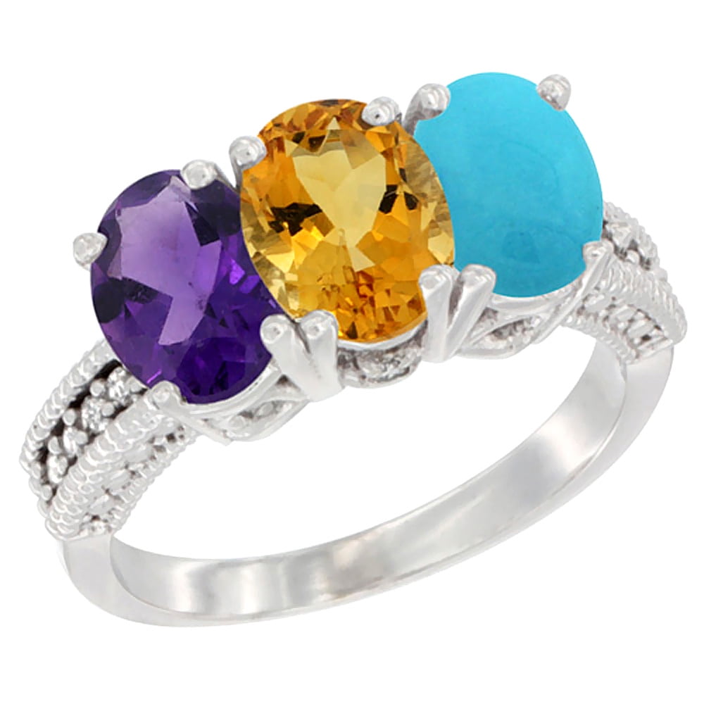 10K White Gold Natural Amethyst, Citrine & Turquoise Ring 3-Stone Oval 7x5 mm Diamond Accent, sizes 5 10 by WorldJewels