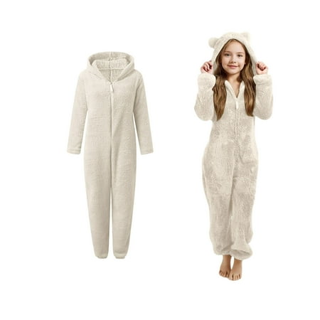 Cozy Kids Pajamas One-piece Girls Pajamas with Bear-Eared Hood Zip Onesie Pajamas One-Piece Loungewear Kids Outerwear 9-10 Years
