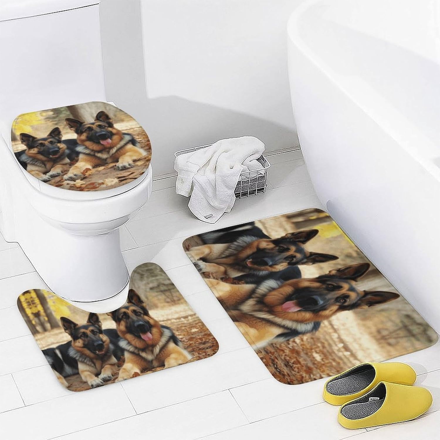 Bath Rug Set 4 Piece German Shepherd Dog Print 4 Piece Bathroom Rug Set,Four Piece Bathroom Sets Including Shower Curtain Sets and Hooks