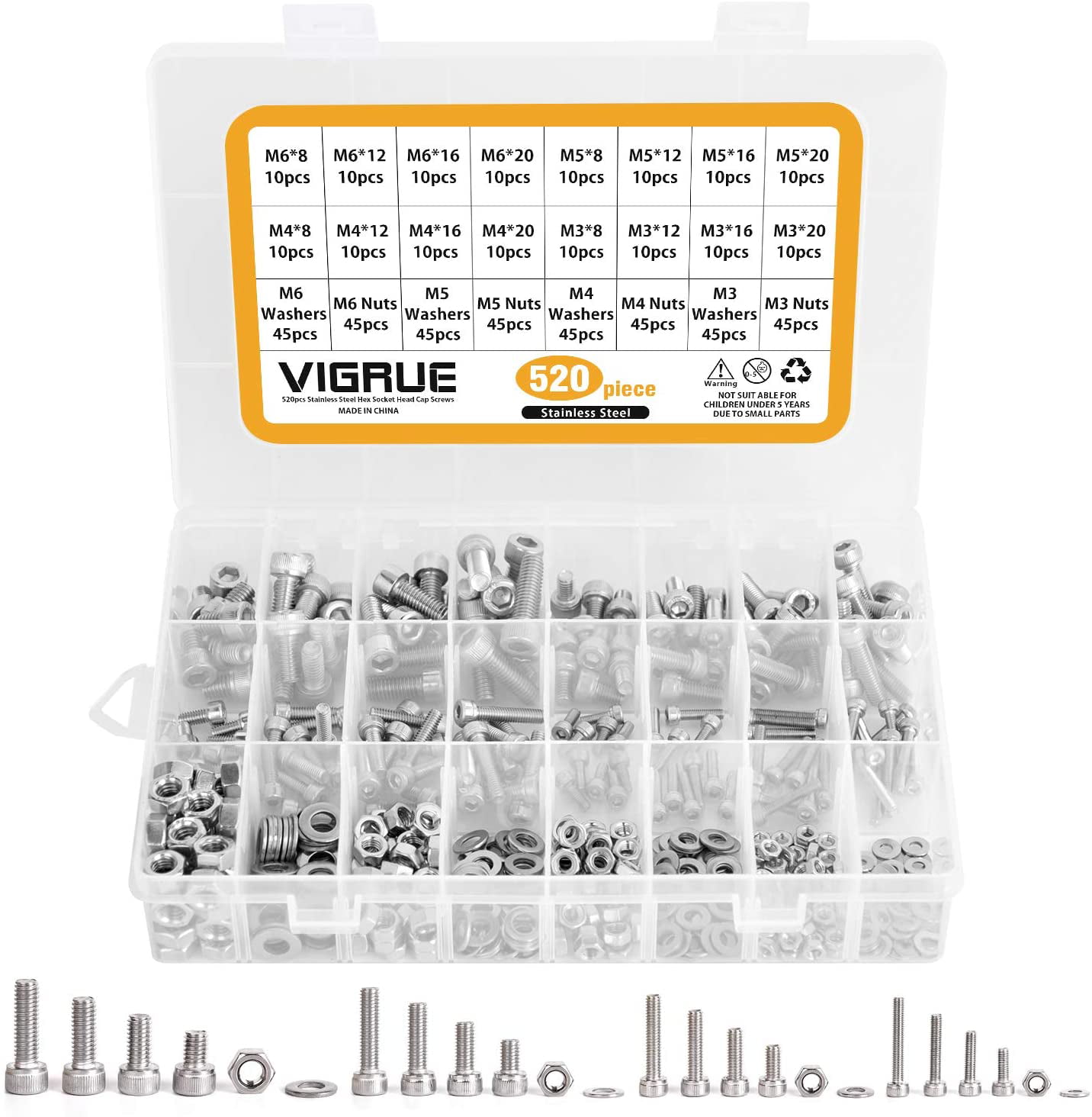 520pcs Assorted M3 M4 M5 M6 Stainless Steel Hex Screws&Socket Bolts and Nuts Kit 
