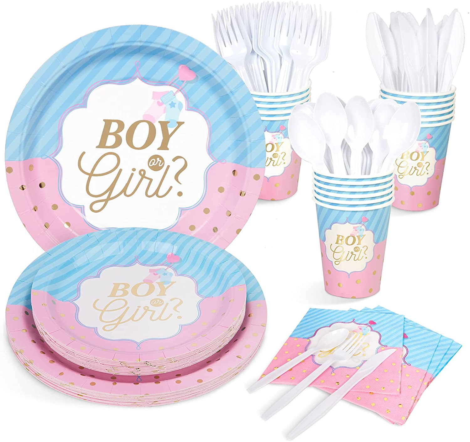 KSCD Gender Reveal Plates and Napkins and Cups for 16, Boy or Girl