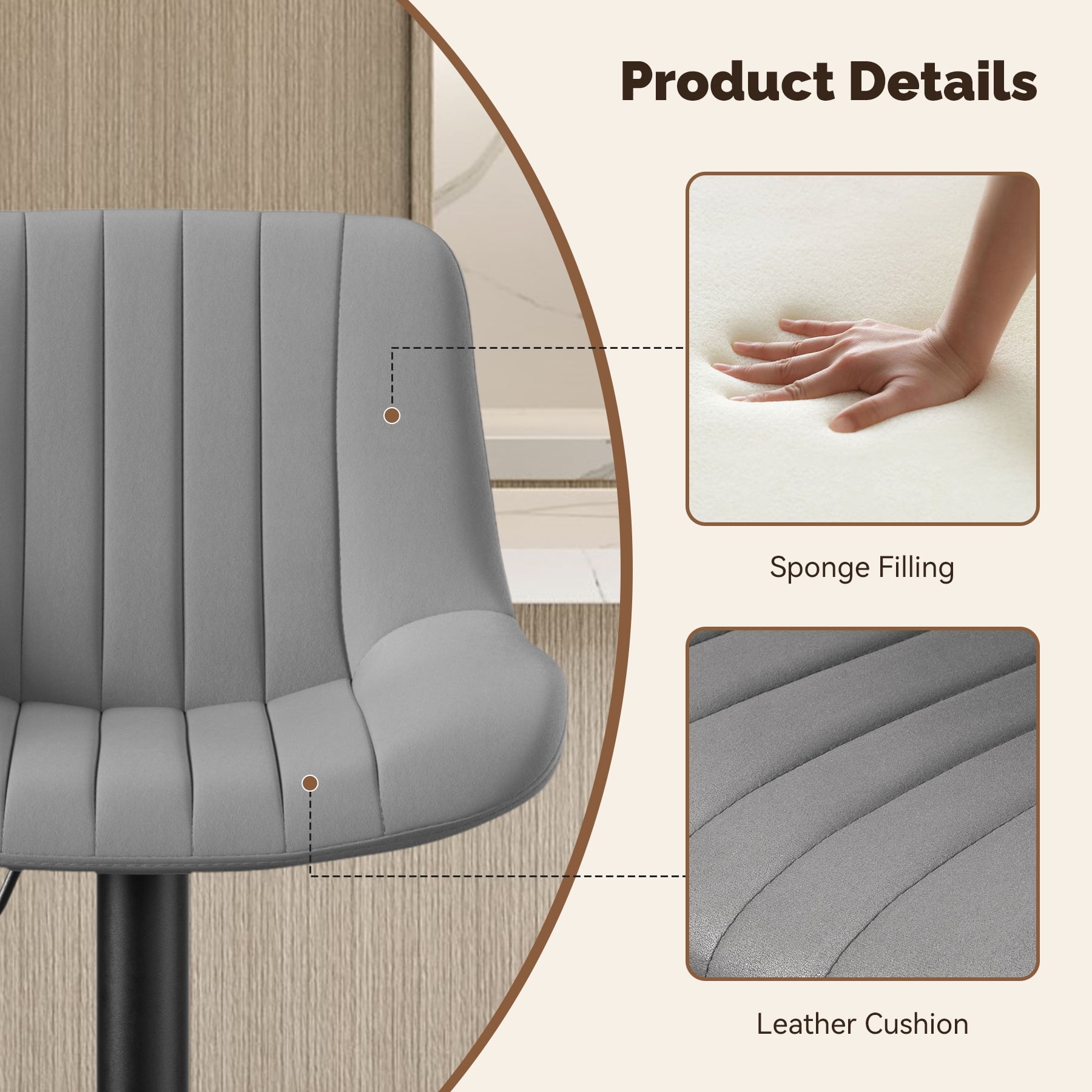 Daluvenix Adjustable Bar Stools Set of 2, Swivel Kitchen Bar Chairs with Back, Modern Tech Fabric Island Chairs for Home Kitchen, Dark Gray