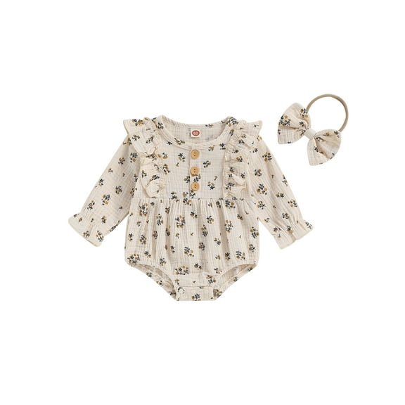 Bagilaanoe Newborn Baby Girl Rompers Floral Print Long Sleeve Bodysuits Headband 3M 6M 9M 12M Infant Casual One Piece Jumpsuits