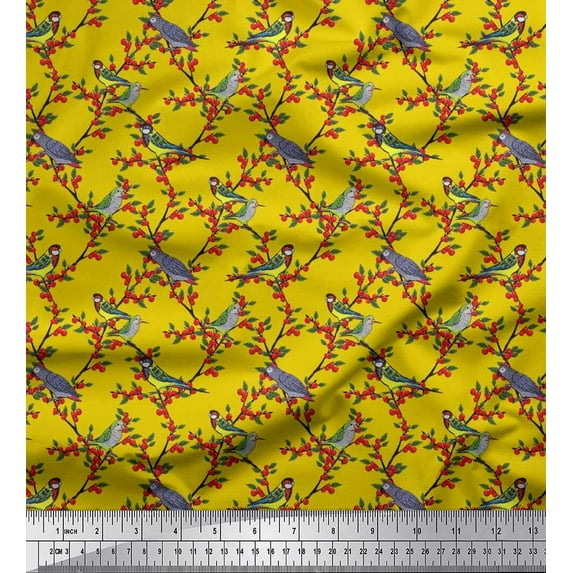 Soimoi polyester Crepe Fabric Leaves,Red Berries & Parrot Bird Decor Fabric Printed Yard 42 Inch Wide