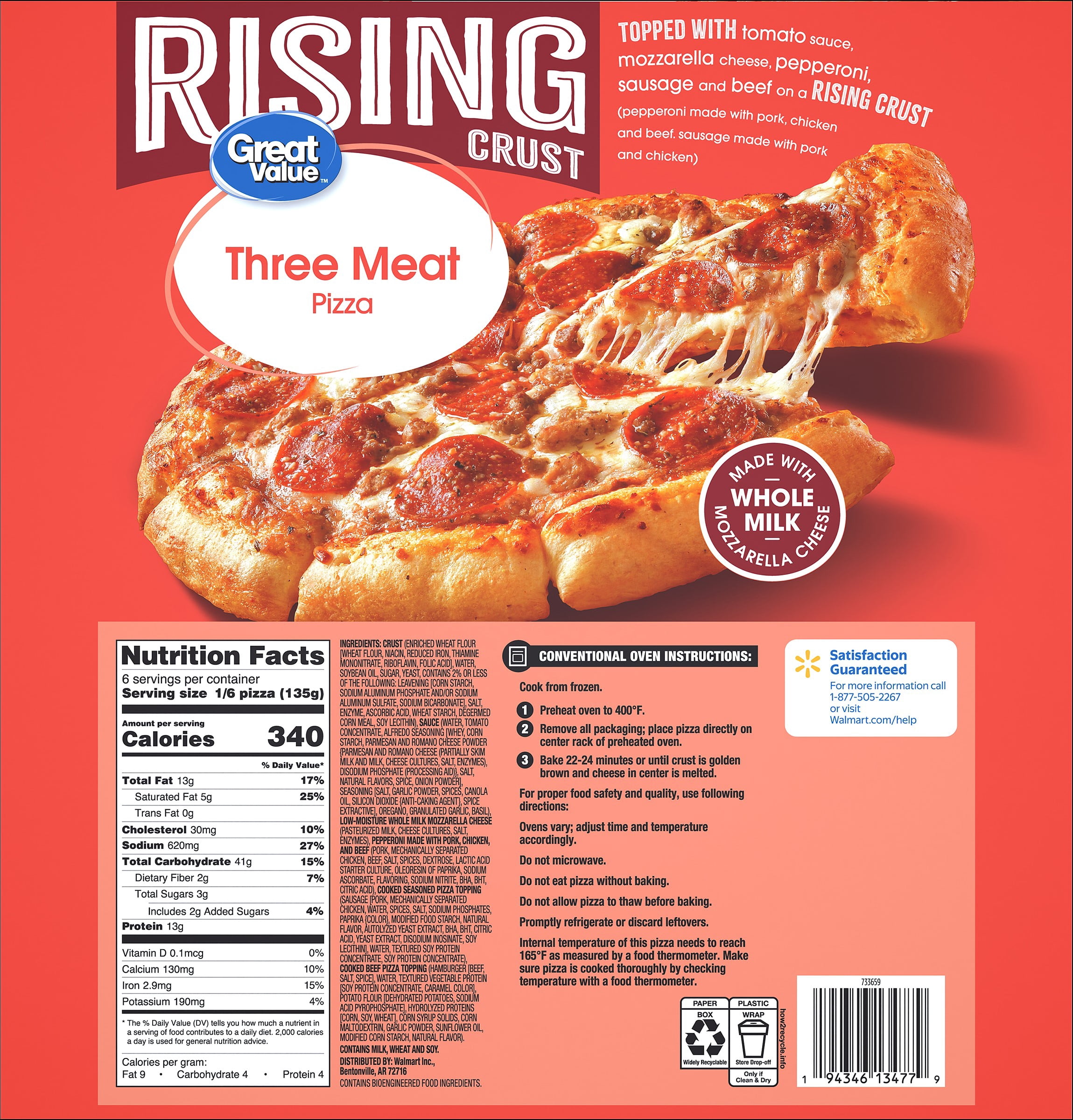 Great Value Rising Crust Three Meat Pizza, 28.65 oz (Frozen)