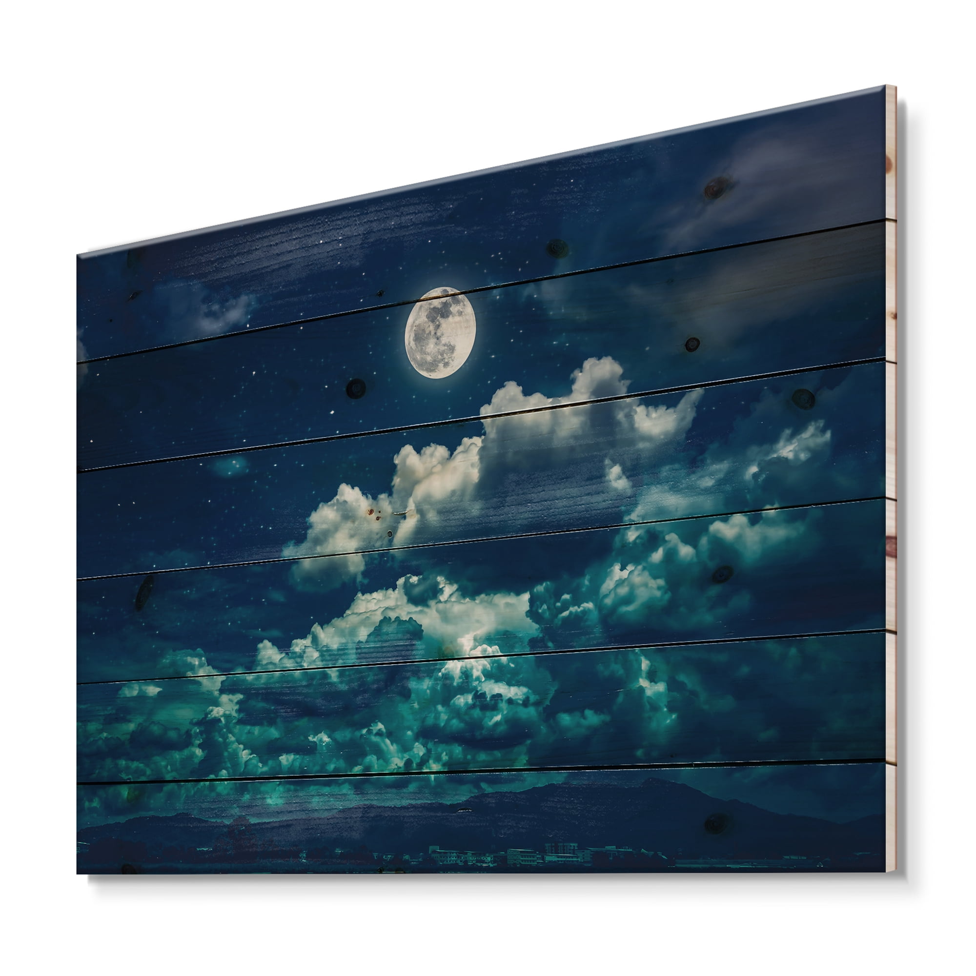 Designart 'Full Moon Night in Cloudy Sky II' Nautical & Coastal Print on Natural Pine Wood