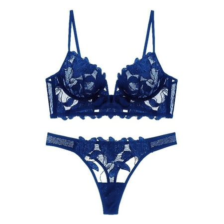 

Promotion! Women Sexy Lingerie Sets Deep V-neck Embroidery Floral Underwire Lace Bra And Panty Set Push up Two Piece Strappy Lingerie Suit Blue S