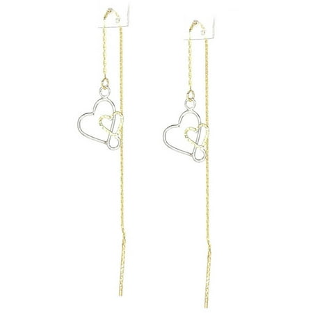 American Designs 14kt Yellow and White Gold Two-Tone Diamond-Cut Love Heart Dangle and Drop Threader Earrings