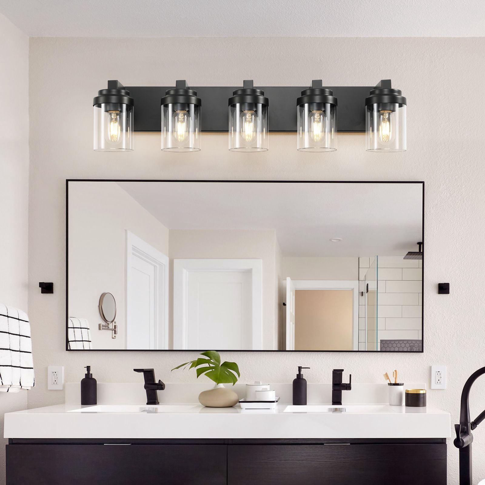 31 Inch 5-Light Bathroom Vanity Light, Black Wall Sconce with Clear Glass Shades for Mirror, Modern Farmhouse Vanity Lighting Fixture for Bathroom Cabinet Hallway, Hardwired (Bulbs Not Included)