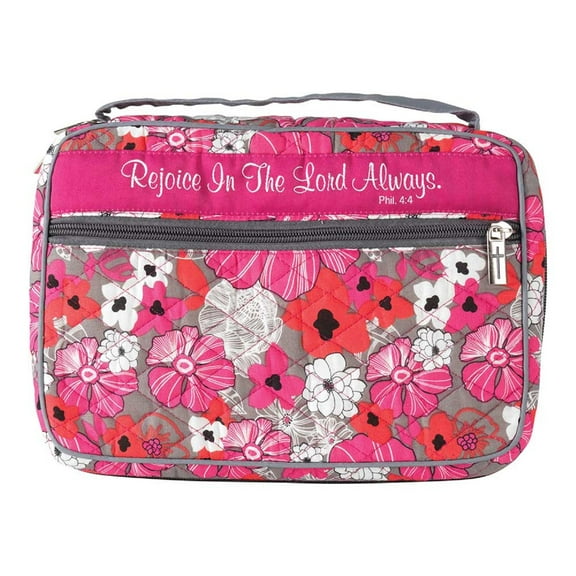 Dicksons Rejoice in The Lord Always Pink Floral Pattern Quilted Cotton Zippered Bible Cover Case with Handle, Thinline