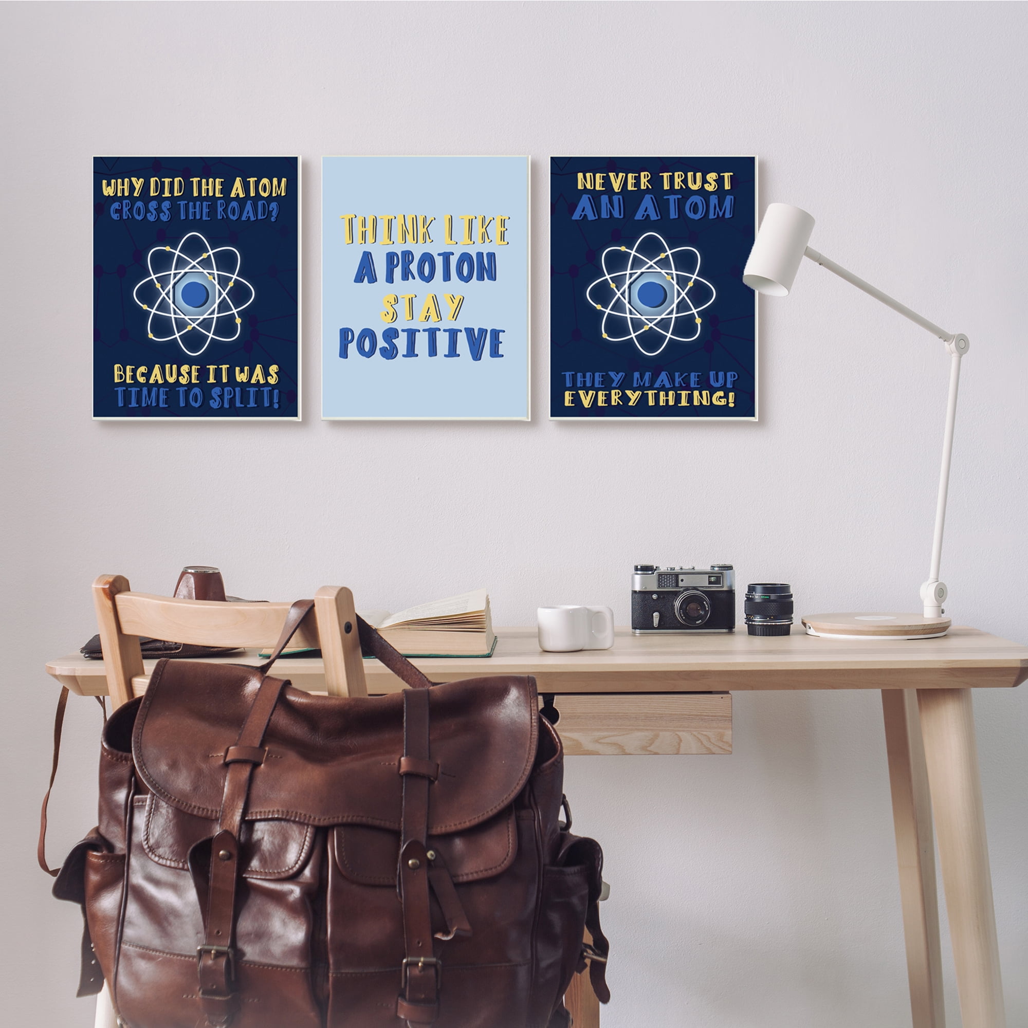 Daphne Polselli Atom Cross The Road Scientific Humor Blue Molecules 13 in x 19 in Framed Painting Art Prints, by Stupell Home Décor Set of 3