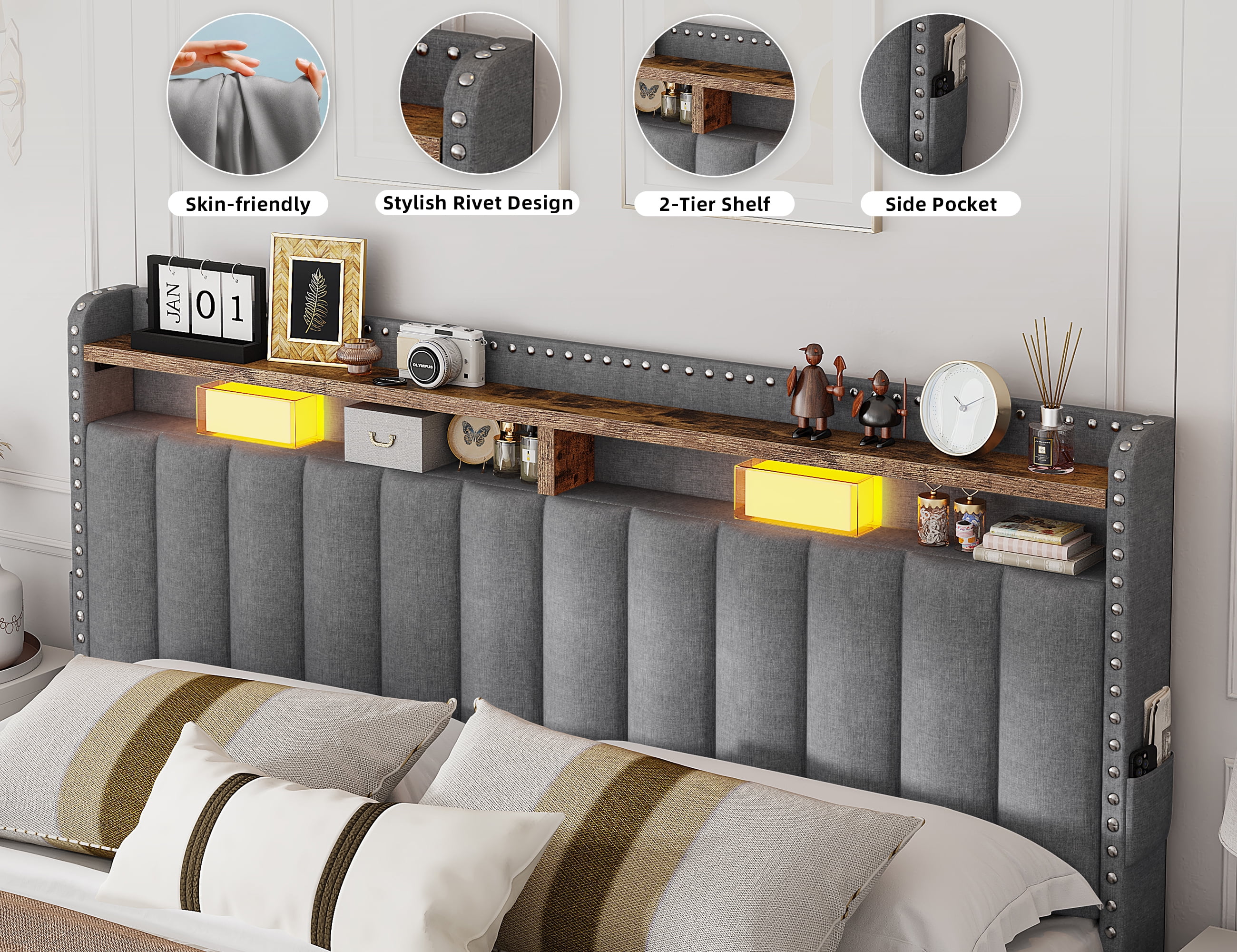 EnHomee Upholstered King Size Bed Frame with Headboard and Storage, Sturdy King Bed Frame with 2 Drawers, NO Noise,No Box Spring Needed,Grey