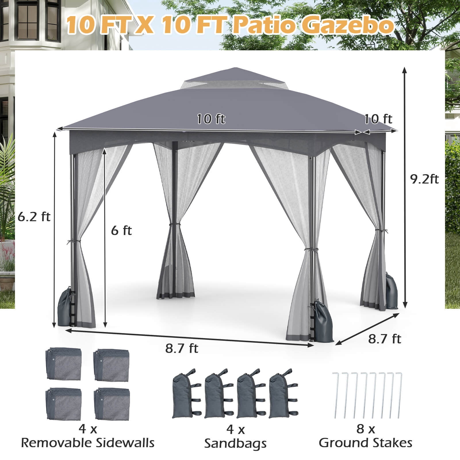 Costway 10 X 10 FT Patio Gazebo with Netting Walls 4 Sandbags Zippered Doors Outdoor
