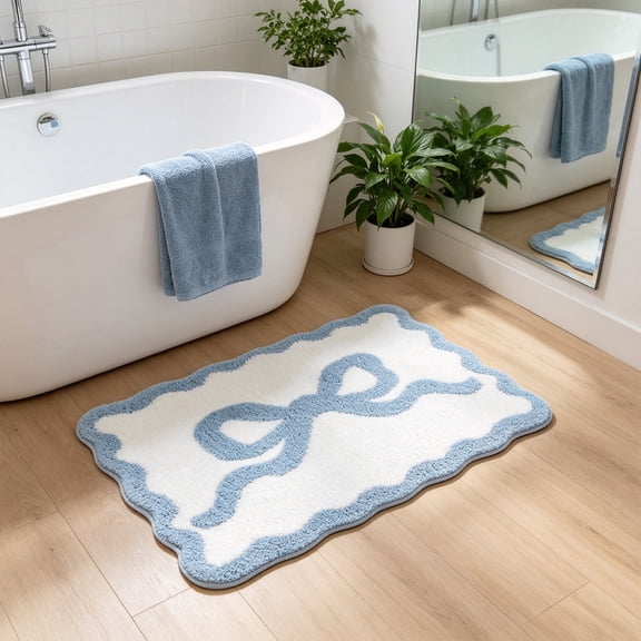 Bath Mat Bow Rug Cute Non Slip Super Soft Absorbent Bathroom Rug Washable for Bedroom Bathroom Floor Tub Shower (Blue, 15.7 x 23.6 Inch)