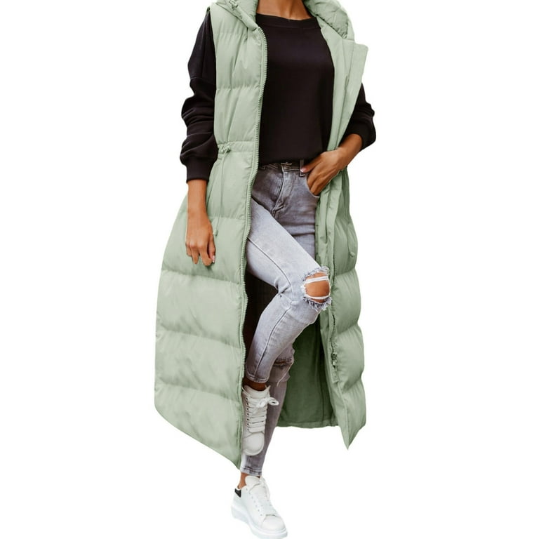 Women's Winter Maxi-Length Hooded Down Vest Full-Zip Sleeveless Puffer Vest  Coats Jacket Outerwear with Pockets Womens Clothes
