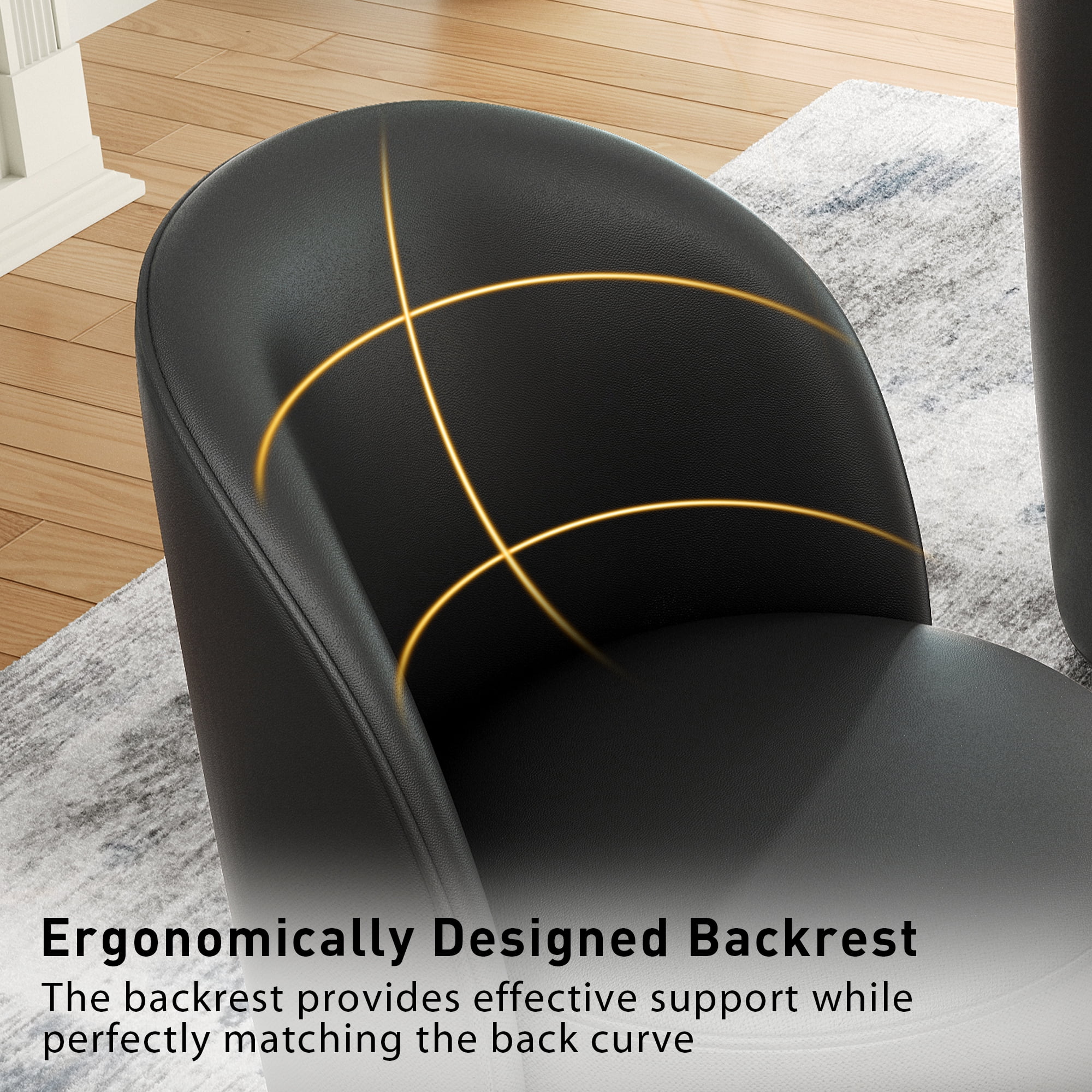 DREAMSIDEA Swivel Dining Chair, Upholstered Barrel Accent Chair for Dining Room & Kitchen Chairs, Morden Round Vanity Chair for Living Room&Bedroom, Faux Leather-Black