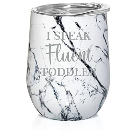 

12 oz Double Wall Vacuum Insulated Stainless Steel Stemless Wine Tumbler Glass Coffee Travel Mug With Lid I Speak Fluent Toddler Funny Daycare Provider Preschool Teacher Mom Mother(Black White Marble)